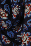 Red white and blue geometric border on Kaali Bel Bagru silk saree