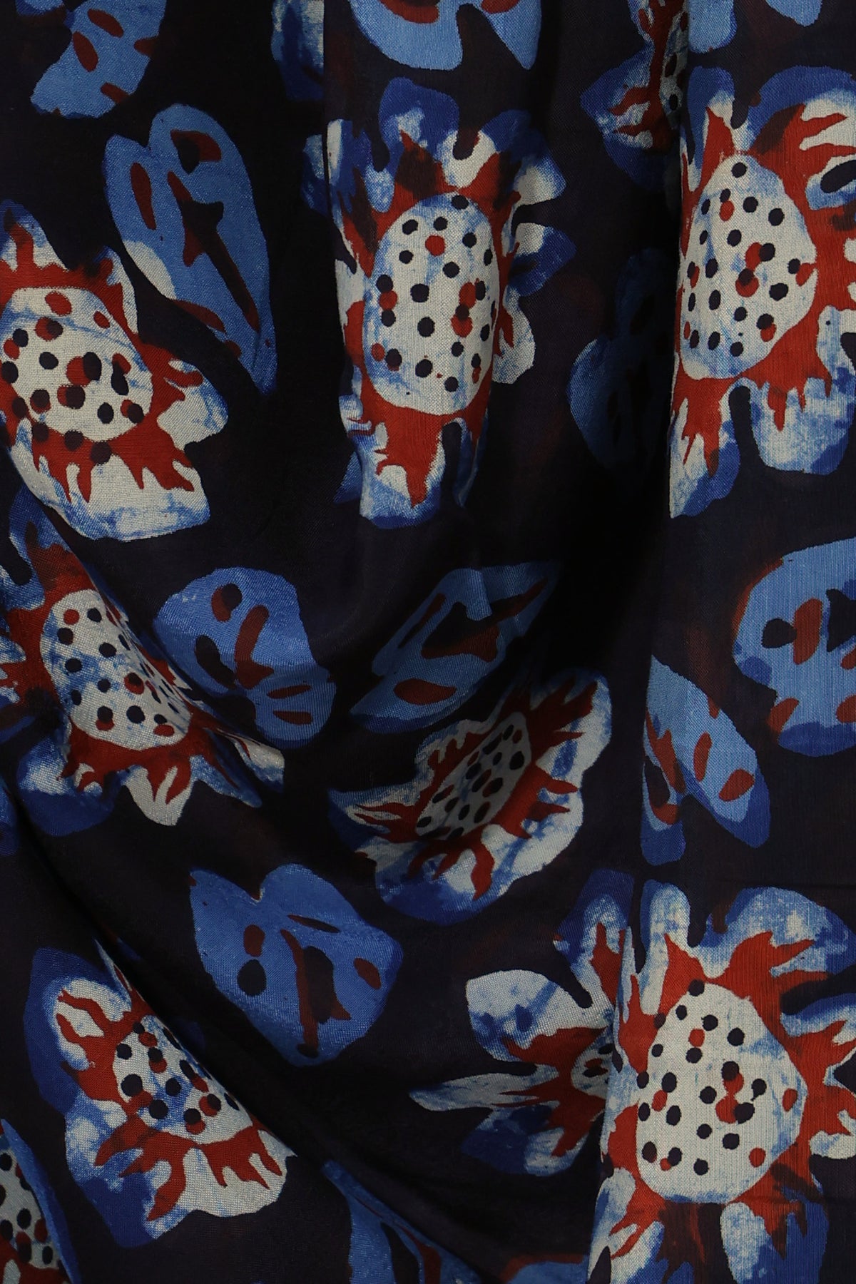 Red white and blue geometric border on Kaali Bel Bagru silk saree