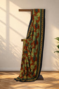 Gerua Kamal burnt orange Bagru Habutai silk saree with lotus motifs