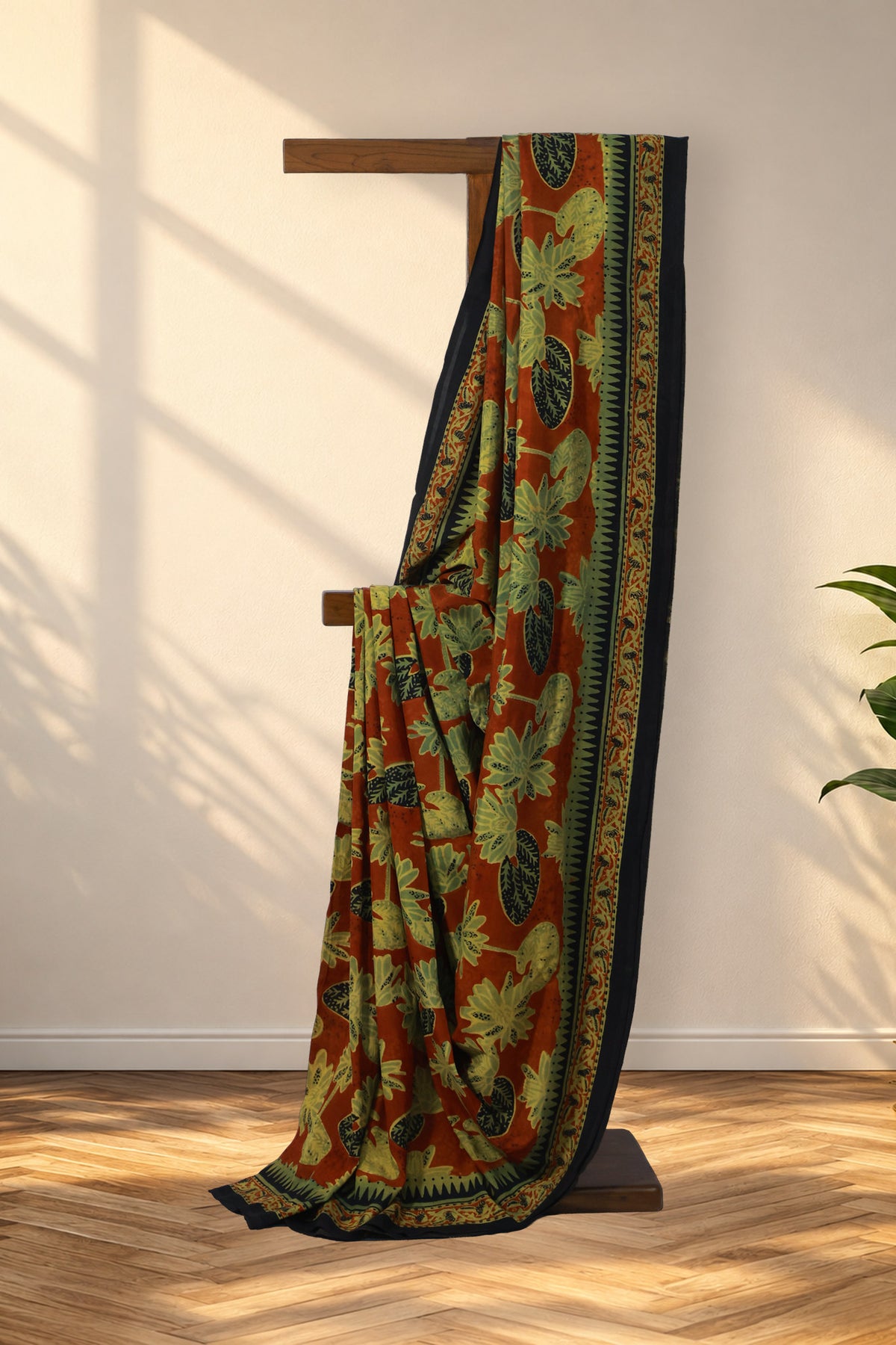 Gerua Kamal burnt orange Bagru Habutai silk saree with lotus motifs