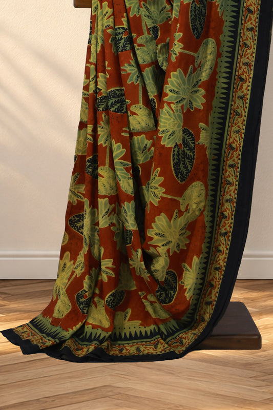 Burnt orange Habutai silk Bagru saree with abstract lotus and leaf prints