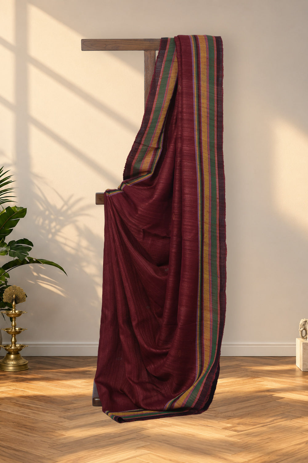 Mehrun Sanjh maroon Bhujodi Tussar silk saree with geometric motifs and zari pallu