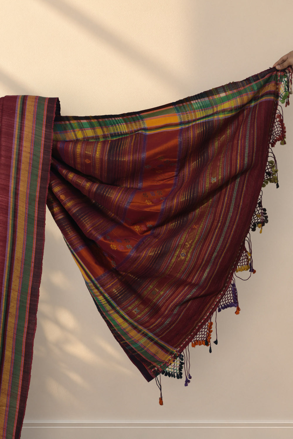 Yellow green and black striped border on Mehrun Sanjh Bhujodi saree