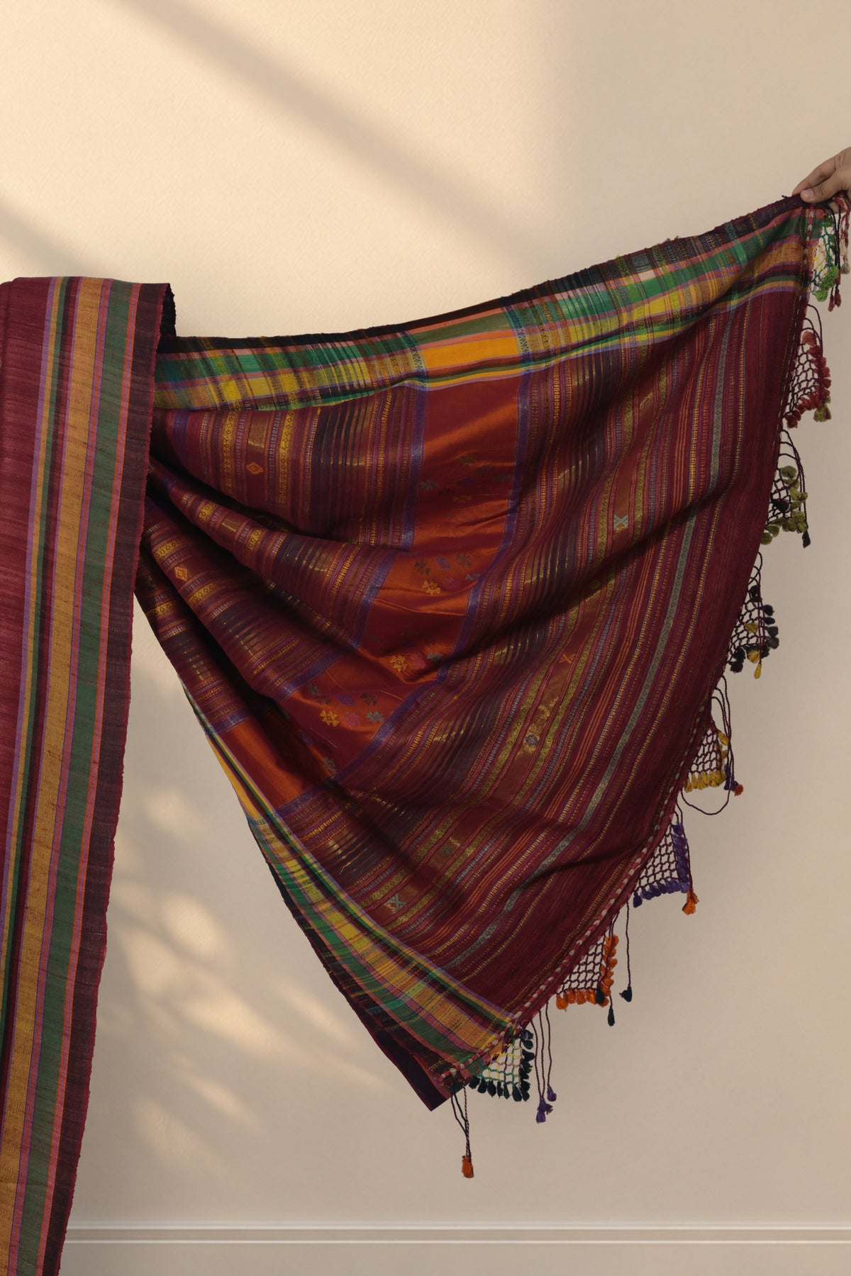 Yellow green and black striped border on Mehrun Sanjh Bhujodi saree
