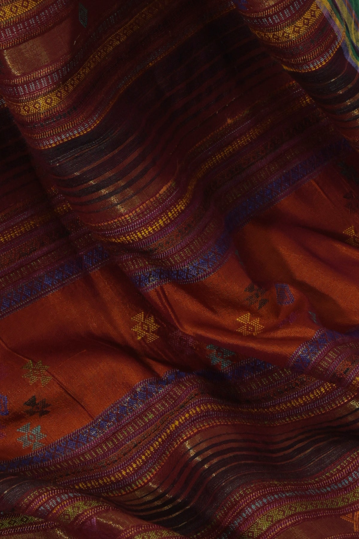 Multicolour pallu with golden zari work on Mehrun Sanjh Tussar silk saree