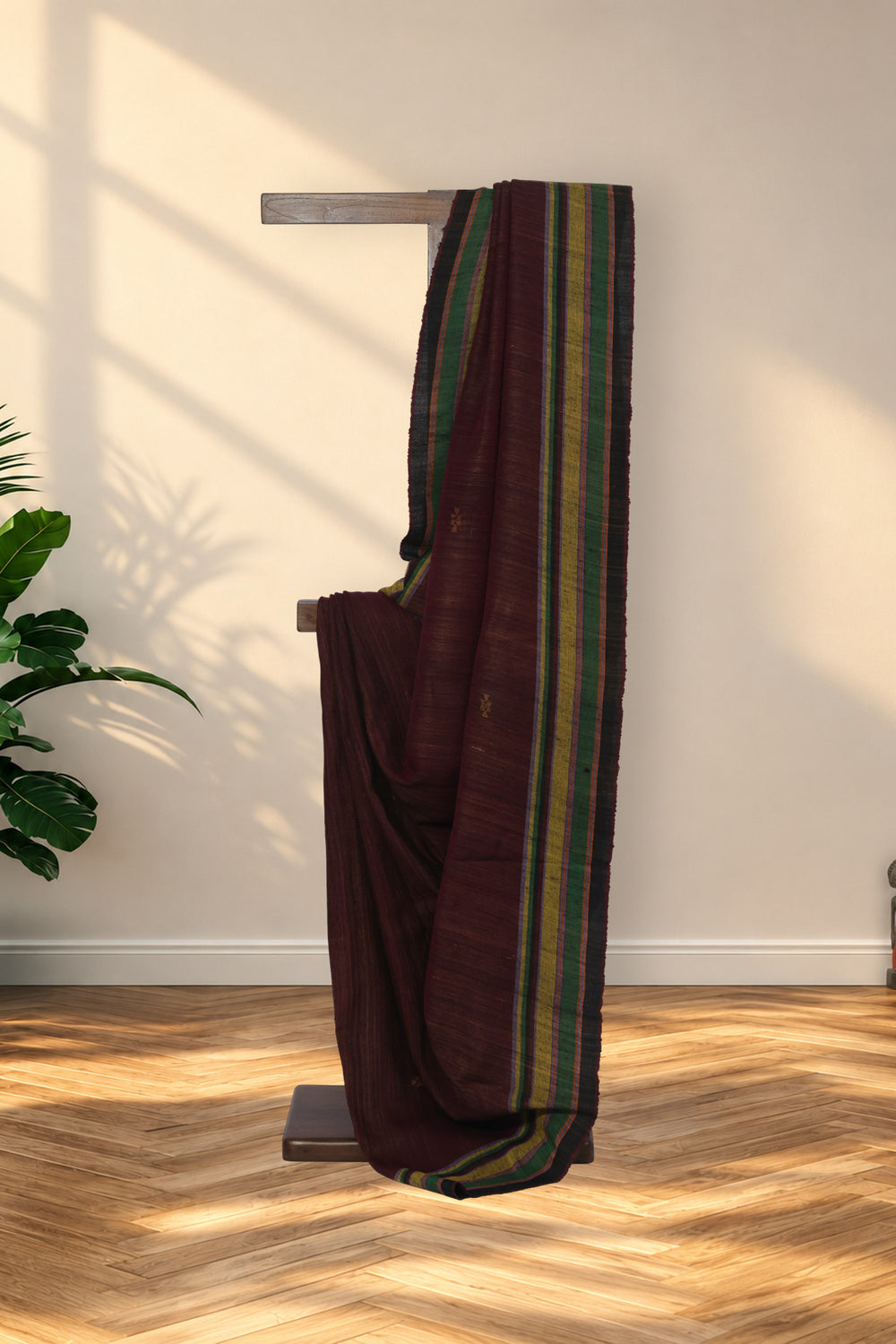 Katthai Dhaaga coffee brown Bhujodi Tussar silk saree with geometric motifs and zari pallu