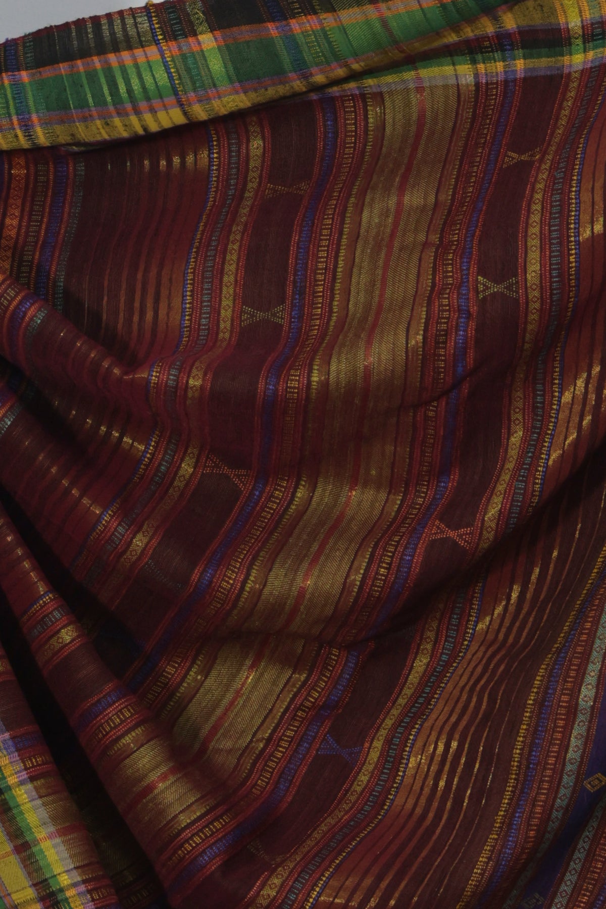 Multicolour pallu with golden zari work on Katthai Dhaaga Tussar silk saree