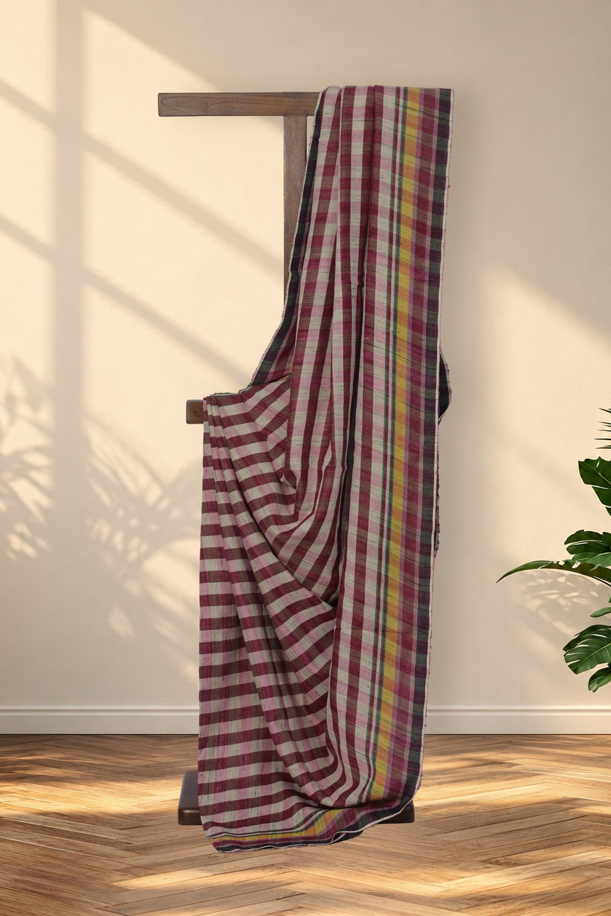 Gulabi Chowkdi pink and white check Bhujodi Tussar silk saree