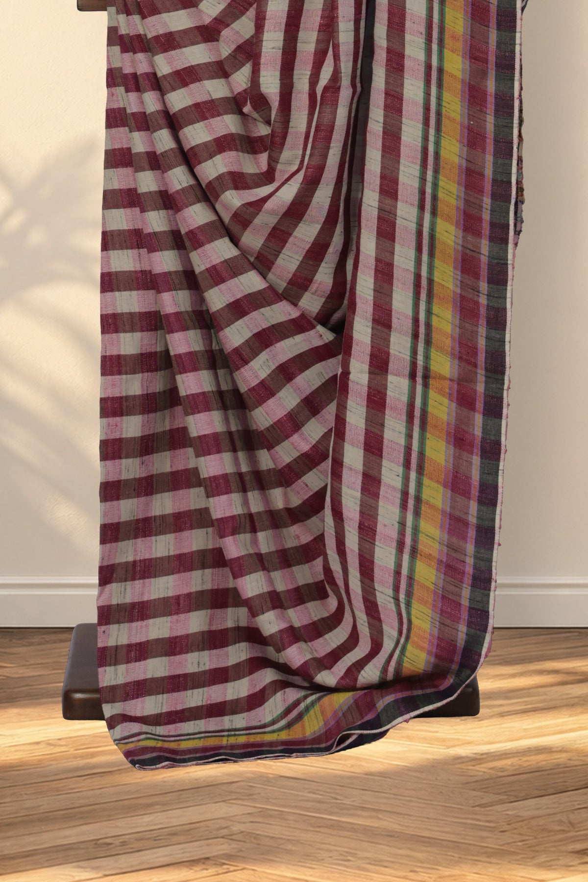 Pink and white checkered Bhujodi Tussar silk saree handwoven in Kutch