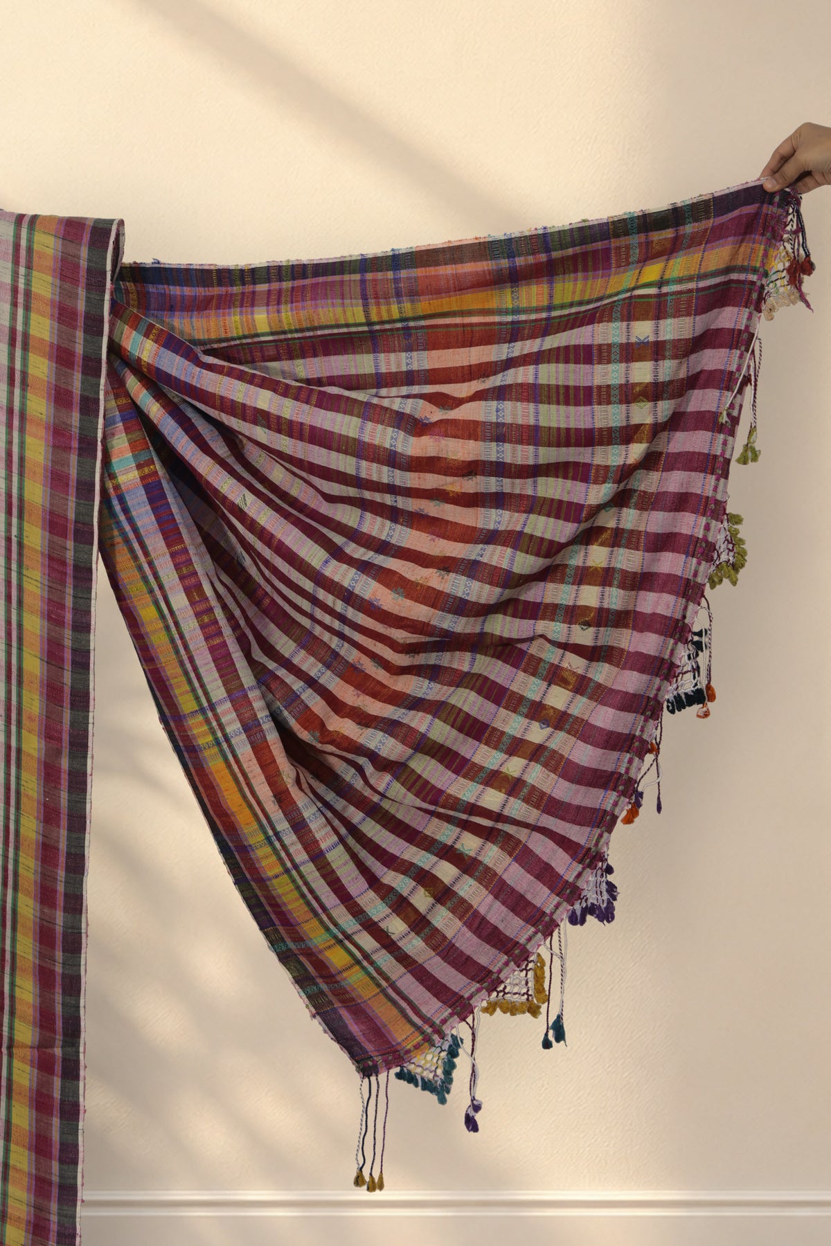 Yellow red and green striped border on Gulabi Chowkdi Bhujodi saree
