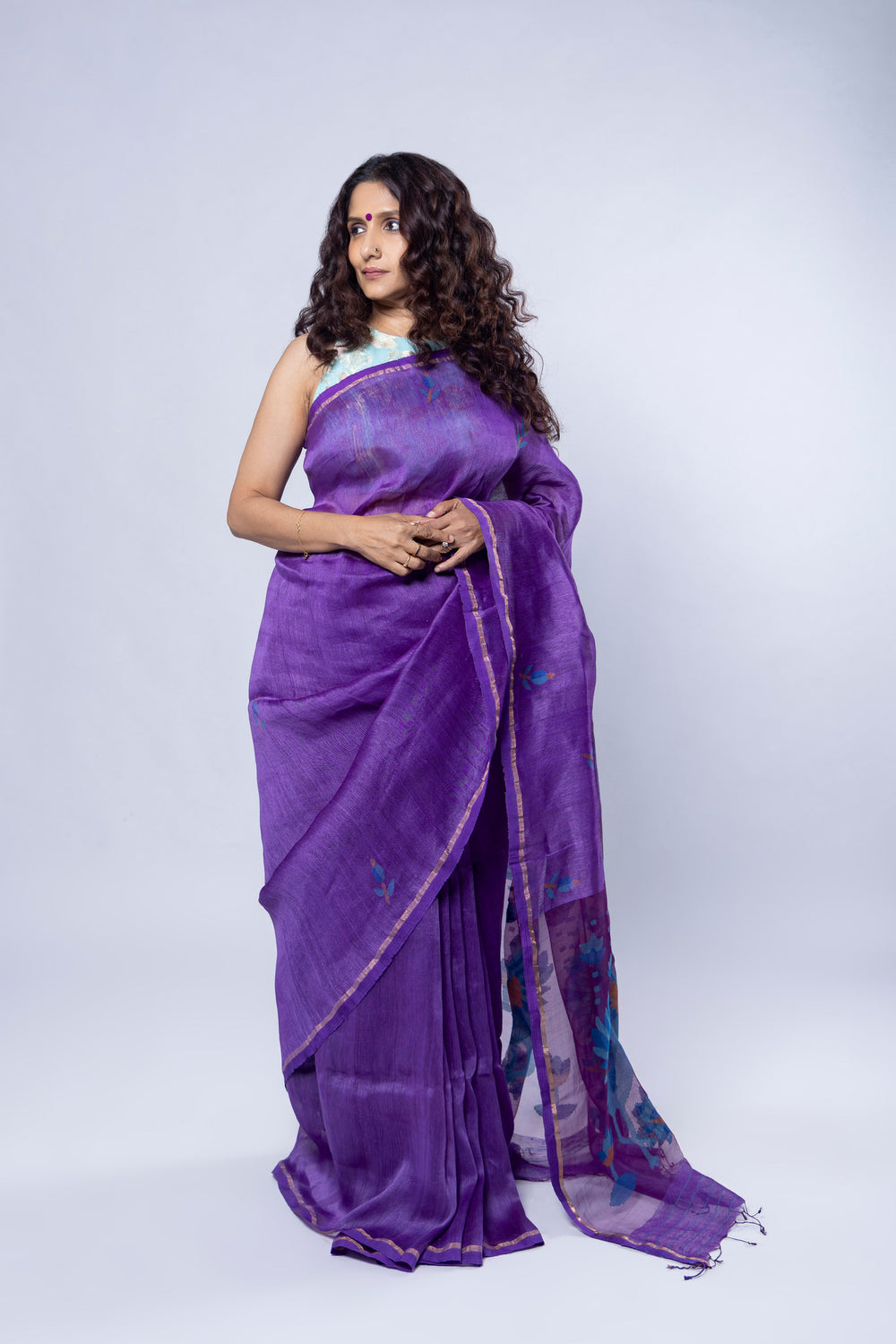 Purple silk linen saree with small needle Jamdani motifs