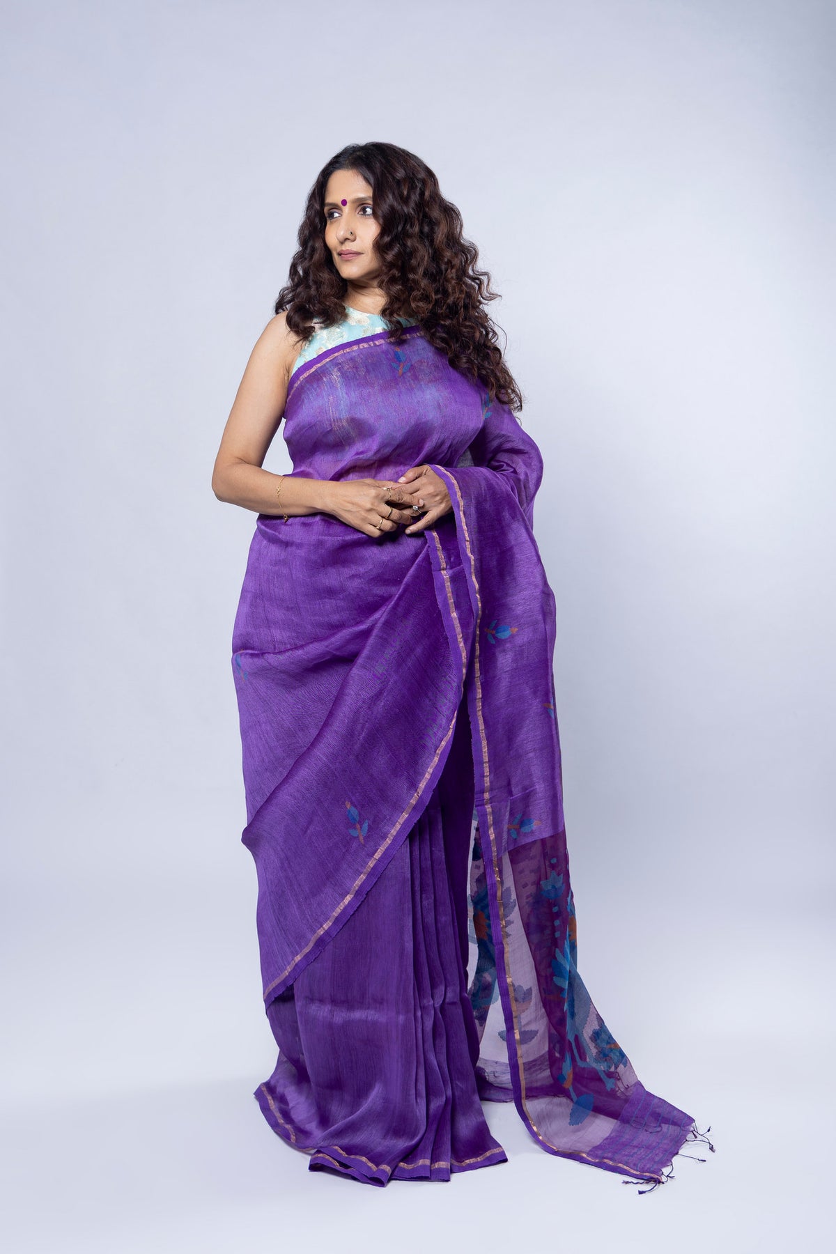 Purple silk linen saree with small needle Jamdani motifs