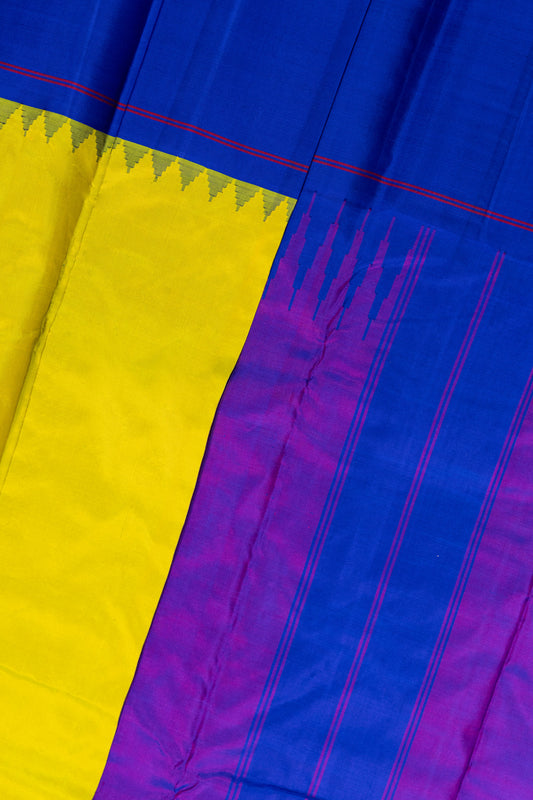 Lime green Molakalmuru silk saree with deep purple and pink border