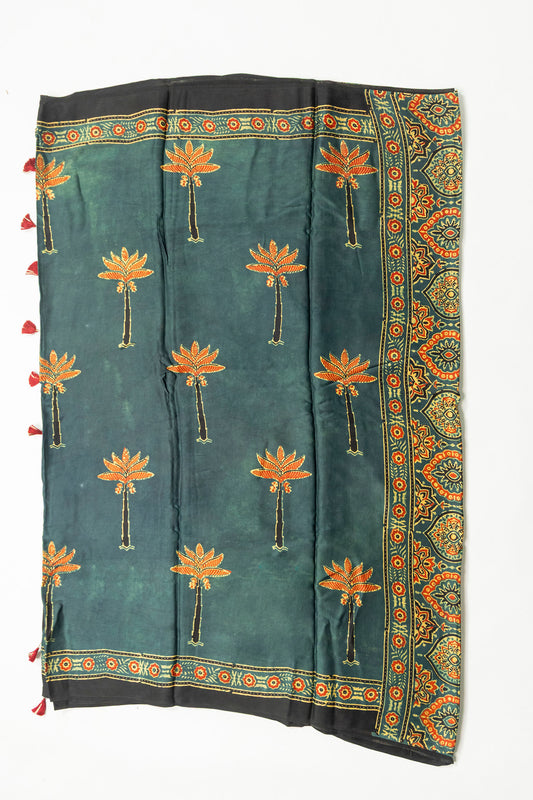 Khajuri Baag bottle green Ajrakh modal saree with hand block printed palm motifs