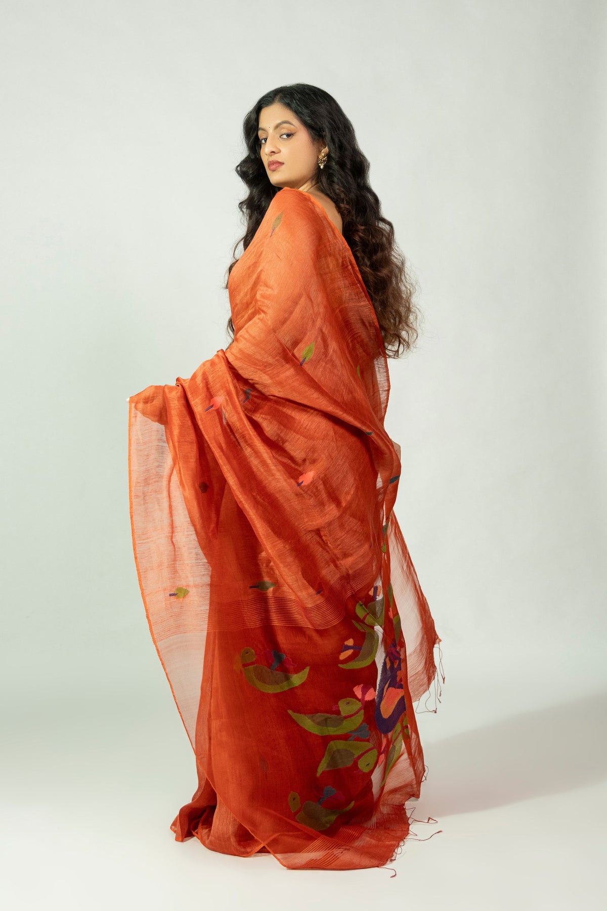 Komola Tia Bengal handloom saree with rust orange self border