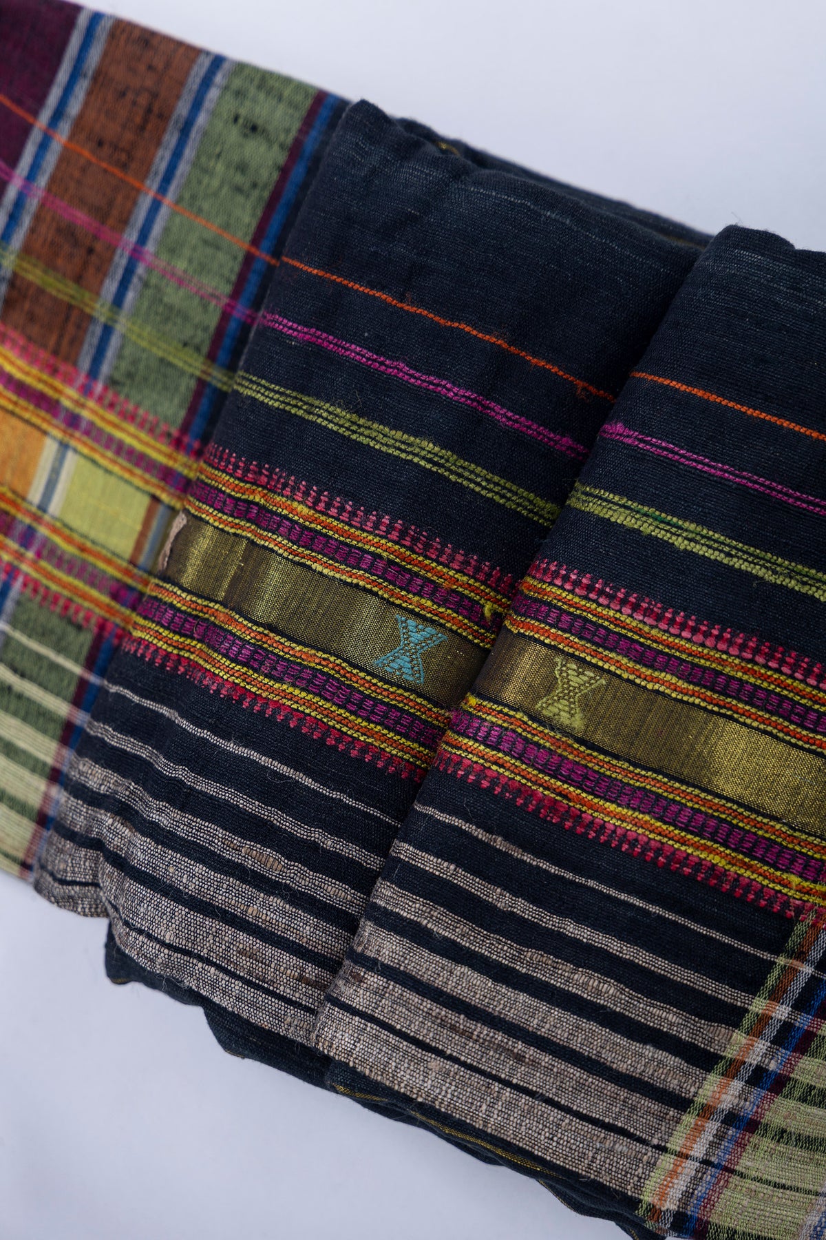 Meghdhanush Raat black Bhujodi Tussar silk saree with multicoloured woven stripes
