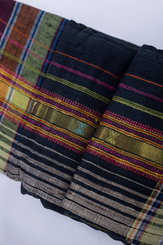 Meghdhanush Raat black Bhujodi Tussar silk saree with multicoloured woven stripes