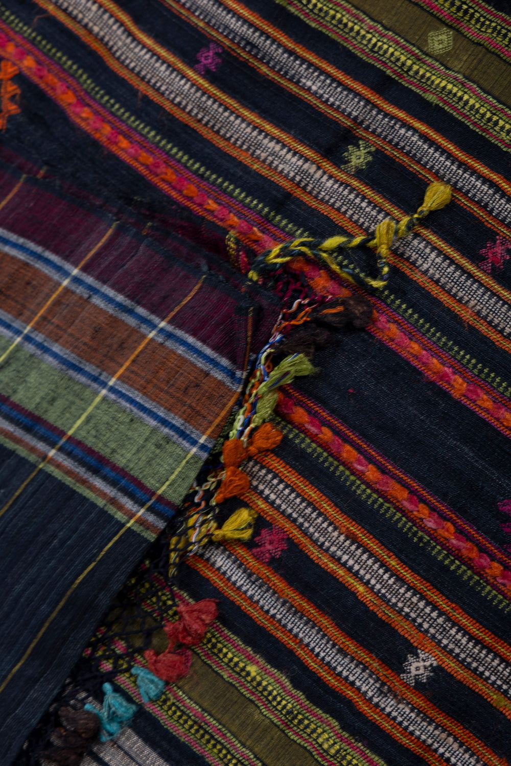 Black Bhujodi Tussar silk saree with orange green white and golden zari stripes