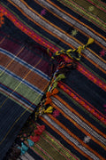 Black Bhujodi Tussar silk saree with orange green white and golden zari stripes