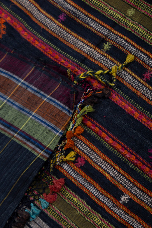 Black Bhujodi Tussar silk saree with orange green white and golden zari stripes