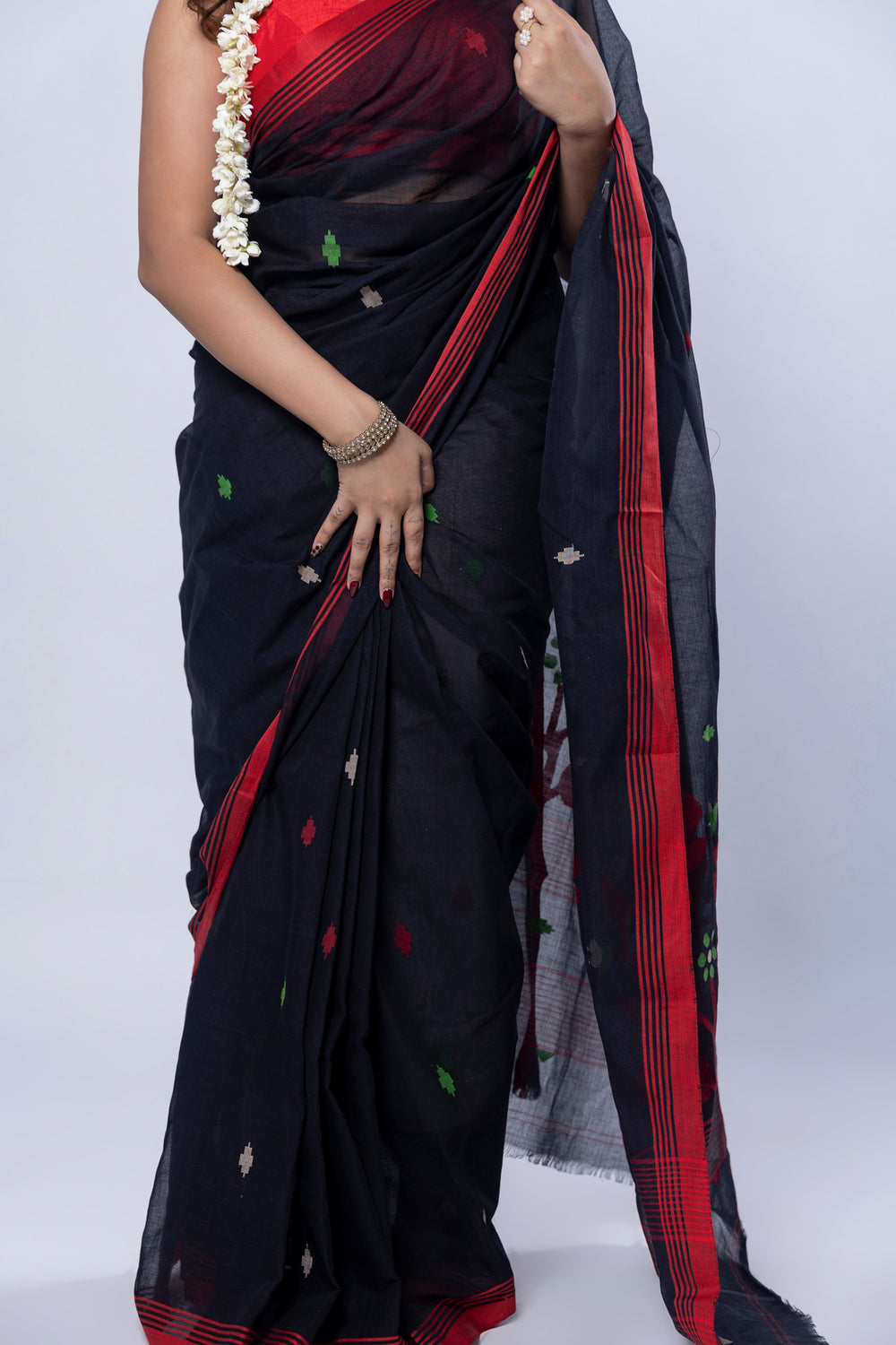 Black Jamdani cotton saree with handwoven abstract motifs