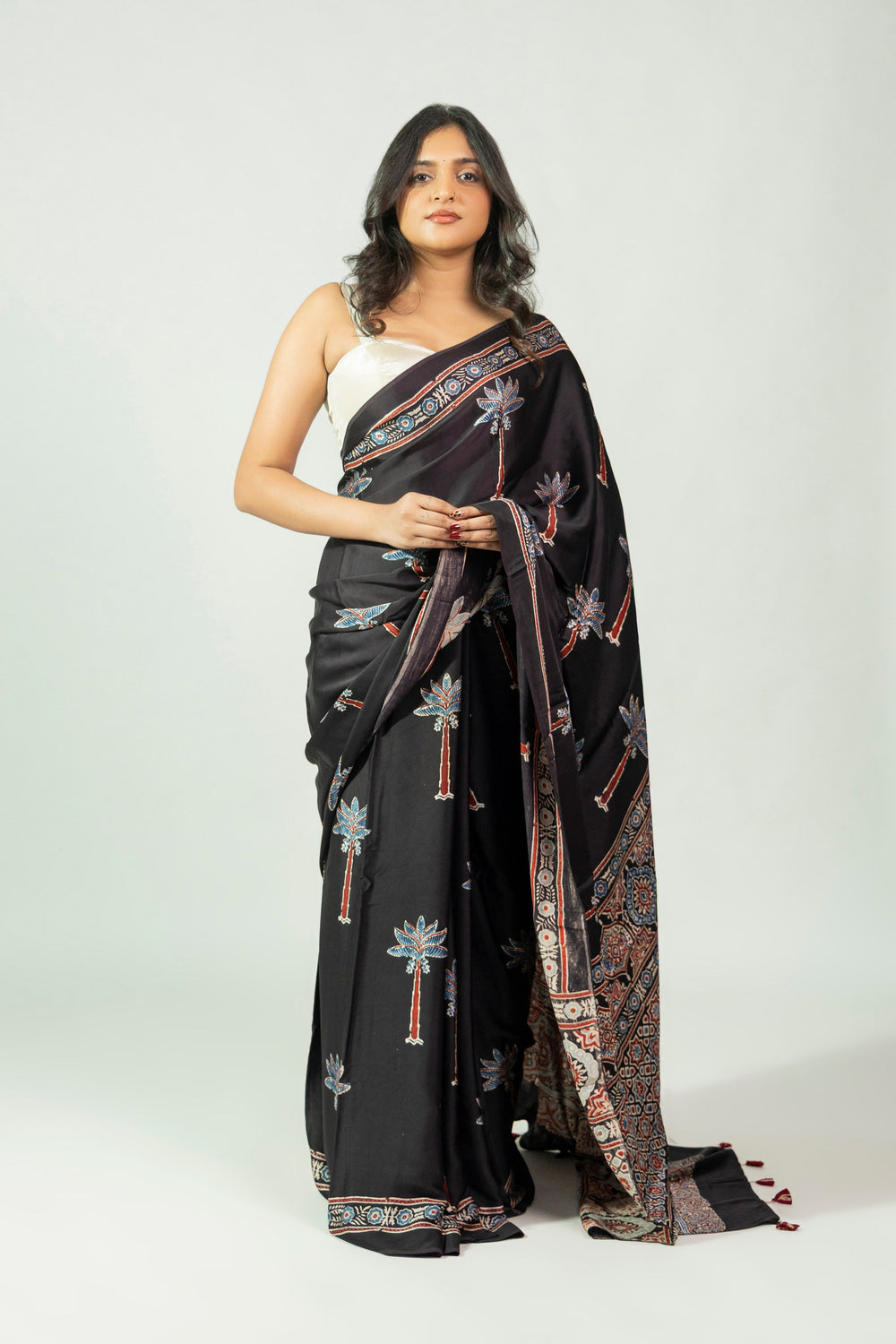 Rann Ni Raat black and indigo Ajrakh hand block printed modal saree