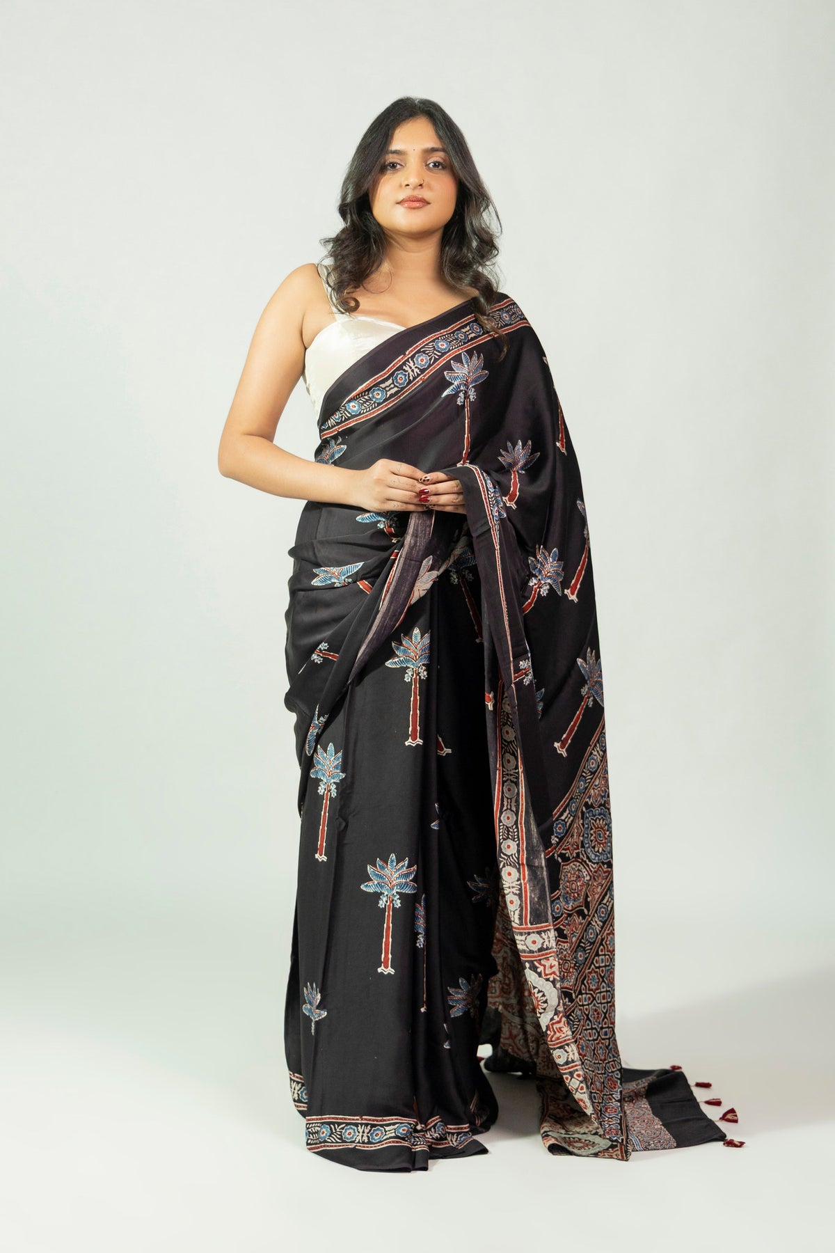 Rann Ni Raat black and indigo Ajrakh hand block printed modal saree