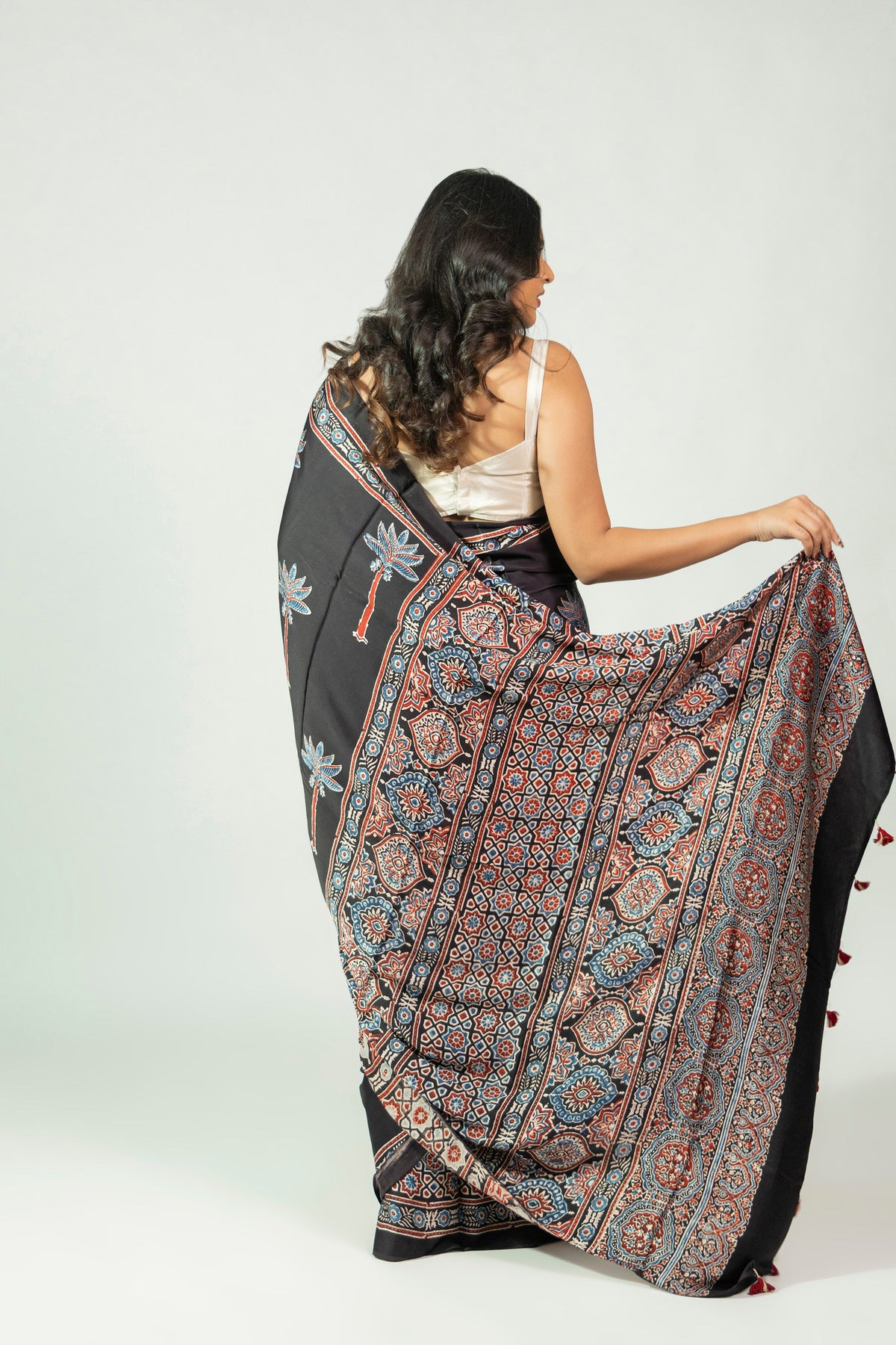 Rann Ni Raat Ajrakh saree with black selvedge and floral motif border