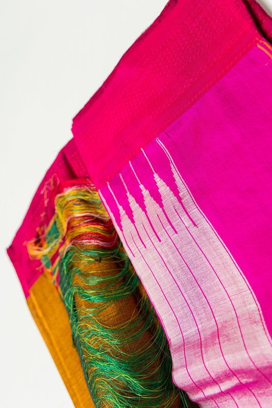 Mustard yellow handwoven Ilkal saree with contrast border
