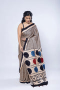 Safed Rann ivory and black striped Ajrakh hand block printed modal saree