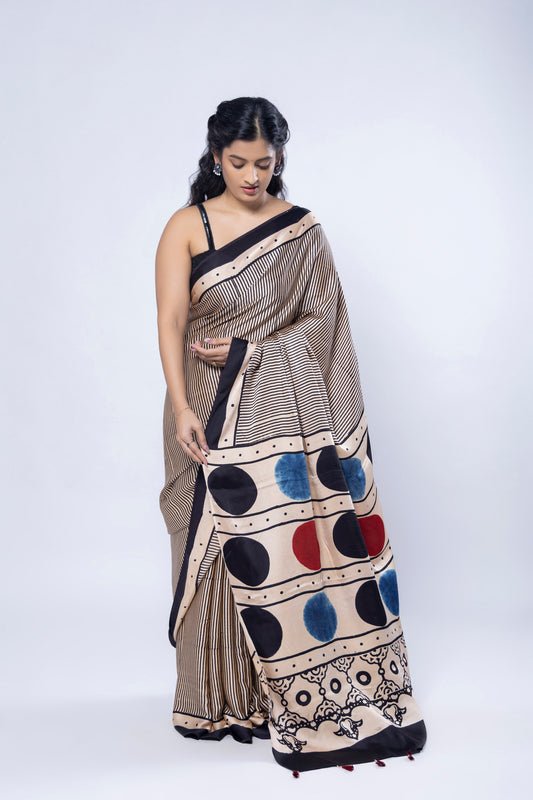 Safed Rann ivory and black striped Ajrakh hand block printed modal saree