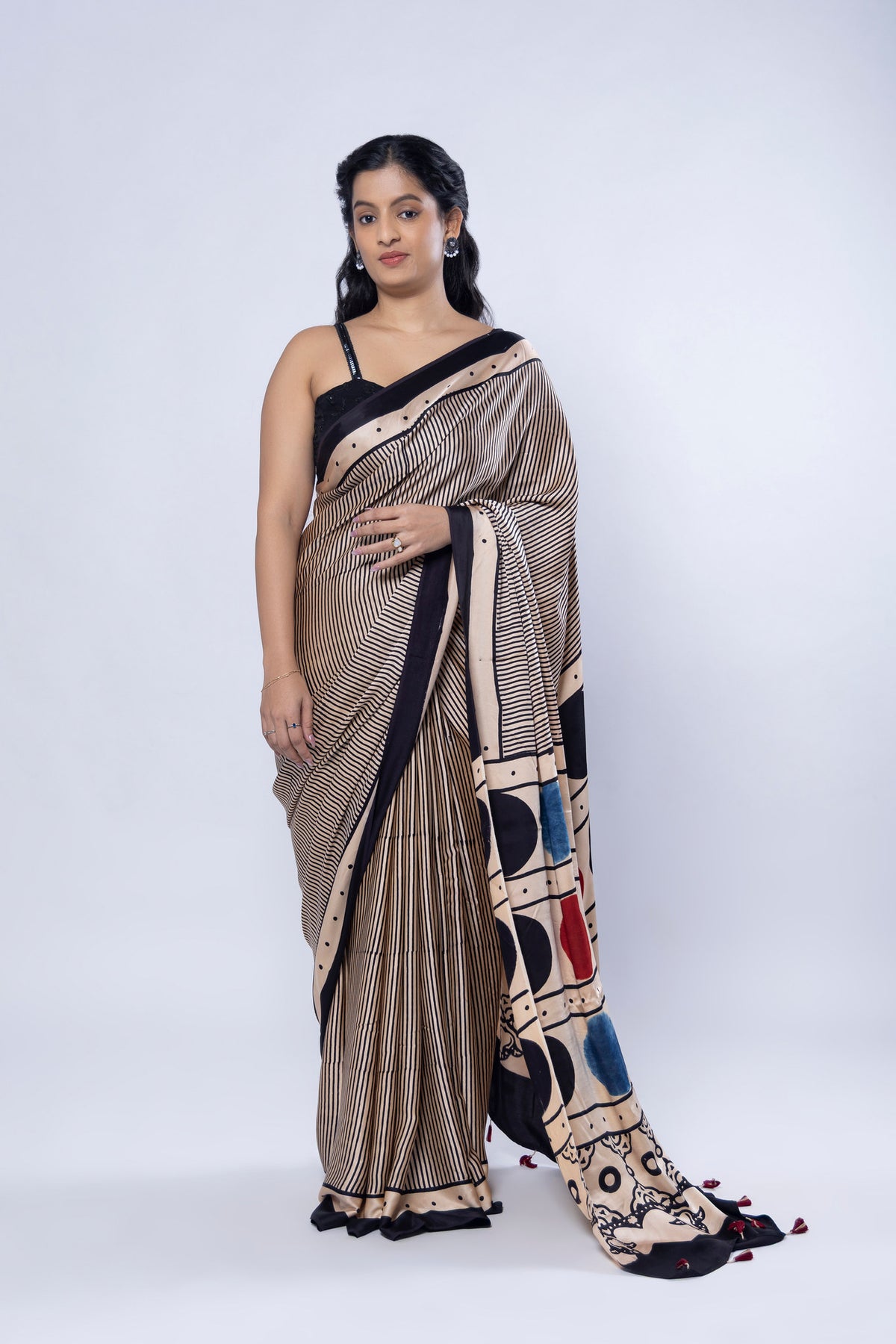 Ivory Ajrakh modal saree with vertical black hand block printed stripes