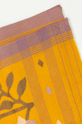 Mustard yellow Jamdani cotton saree with handwoven flower motifs