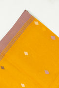 Shorshe Phool Jamdani saree showing mustard yellow body and lavender border