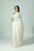 Taal Pata ivory Jamdani cotton saree with palm tree and jute motifs