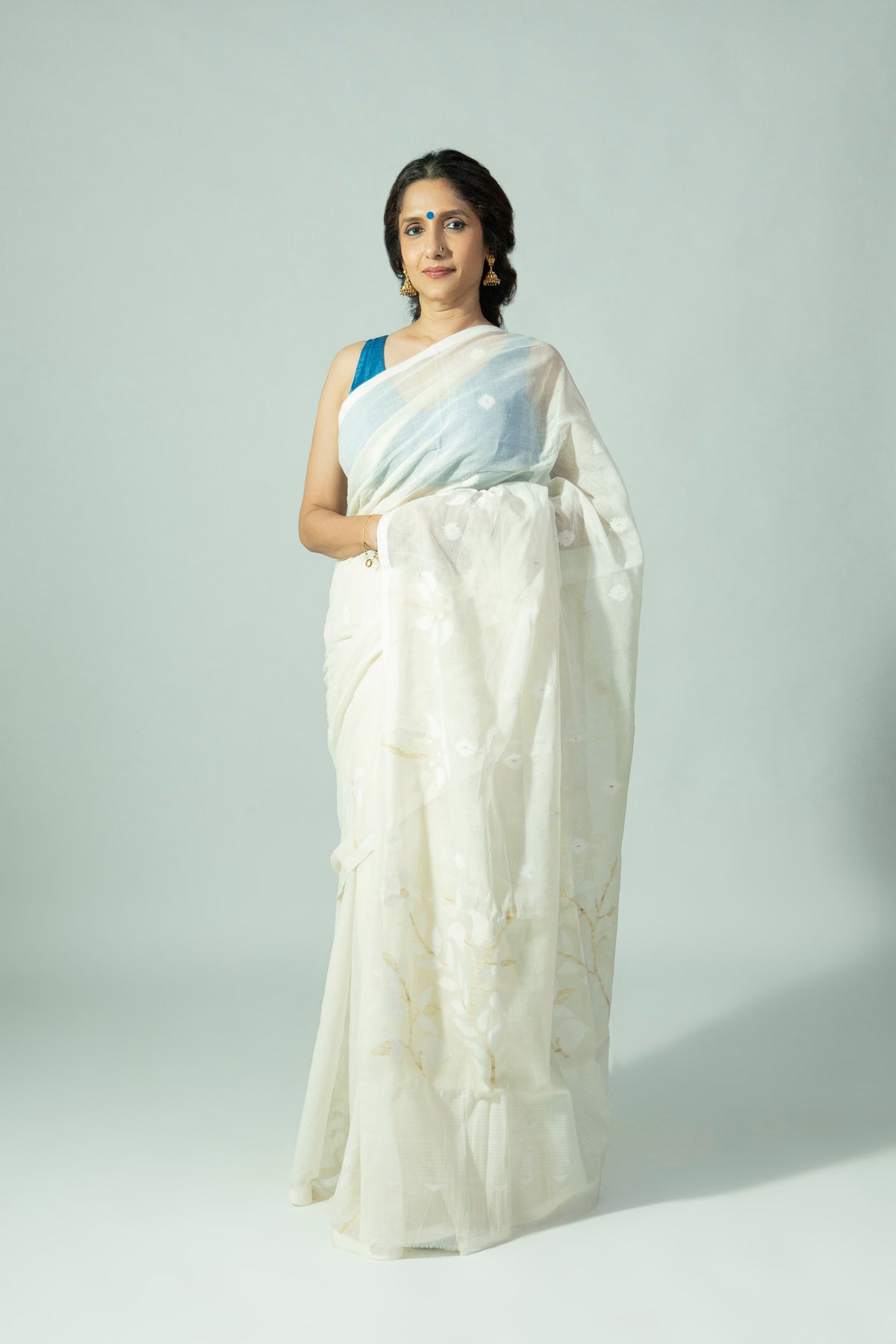 Taal Pata ivory Jamdani cotton saree with palm tree and jute motifs